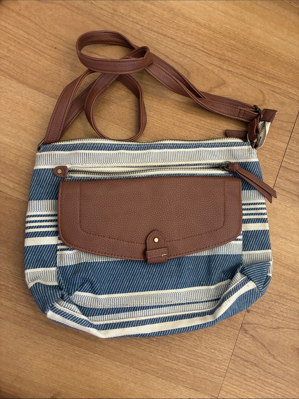 Striped Blue and White Crossbody Bag with Brown Trim